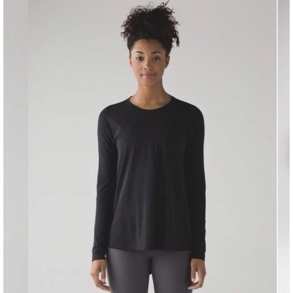 🍋EUC Lululemon Acadia Long Sleeve Shirt 12 Black Pima Cotton Hi Low Hem W3AJNS